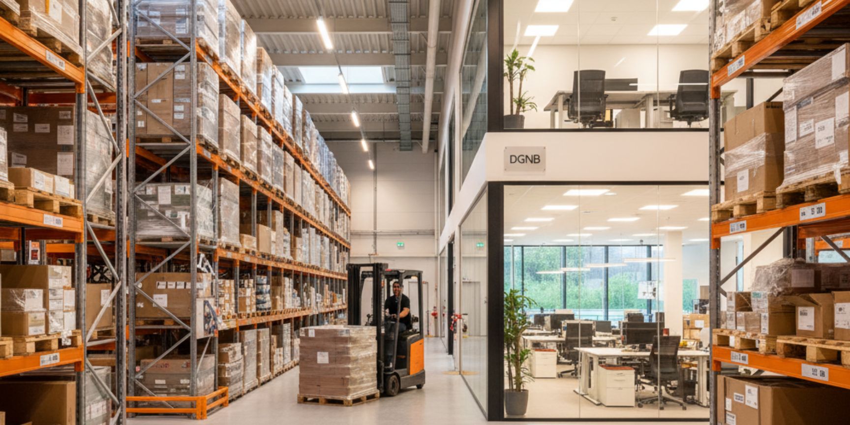 Innenansicht einer modernen, DGNB-zertifizierten Logistikhalle. Im Vordergrund sind hohe Lagerregale mit gestapelten Kartons zu sehen, während ein Gabelstapler Waren transportiert. Im Hintergrund befindet sich ein verglaster Bürobereich mit Arbeitsplätzen und Pflanzen, der die Transparenz und die Verbindung zwischen Lager und Verwaltung hervorhebt. Große Oberlichter im Dach sorgen für natürliches Tageslicht im Lagerbereich, was die Energieeffizienz und den Mitarbeiterkomfort betont.